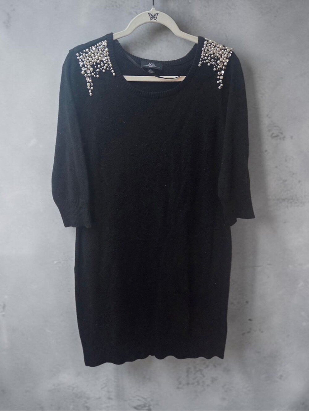 Embellished Shoulder Black Knit Sweater Dress